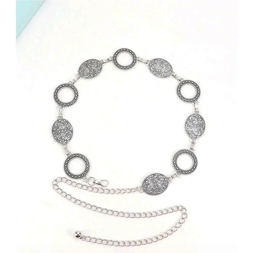 Womens Silver Tone Chain Belt Circle Oval Medallion Boho Style Accessory 40 inch